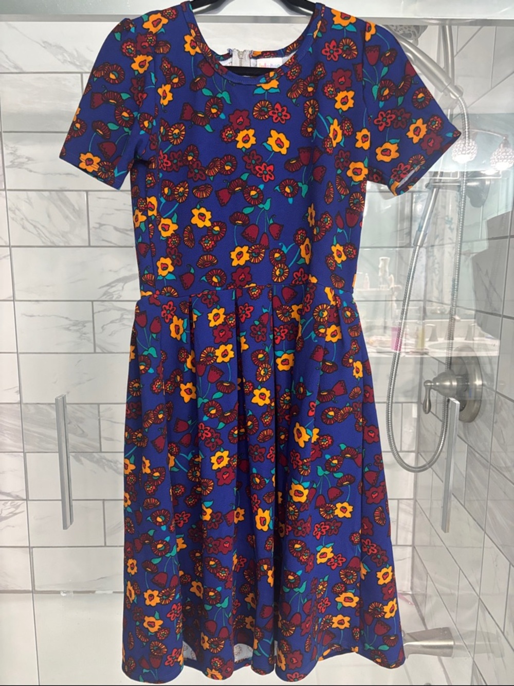 LuLaRoe Amelia Blue Floral Midi Dress with Yellow & Red Flowers